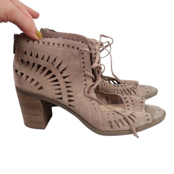 Vince Camuto Tarita Taupe Suede Leather Cut-Out Open Toe Booties 9 - Picture 4 of 6